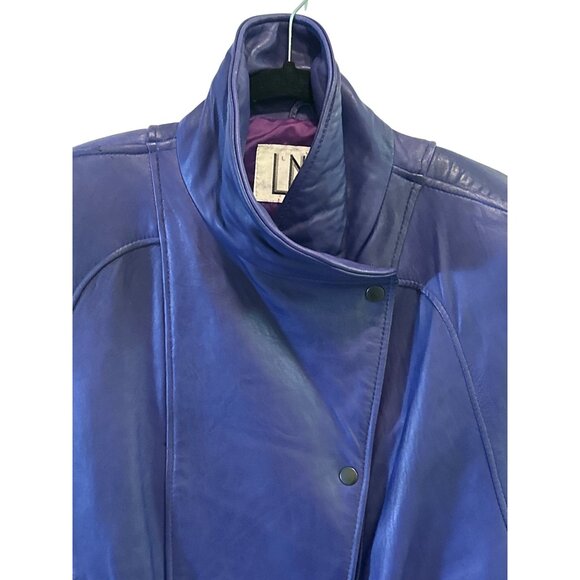 LNR Size M Vintage Cobalt High Collar Genuine Leather Jacket Snap Front Womens - Picture 5 of 11